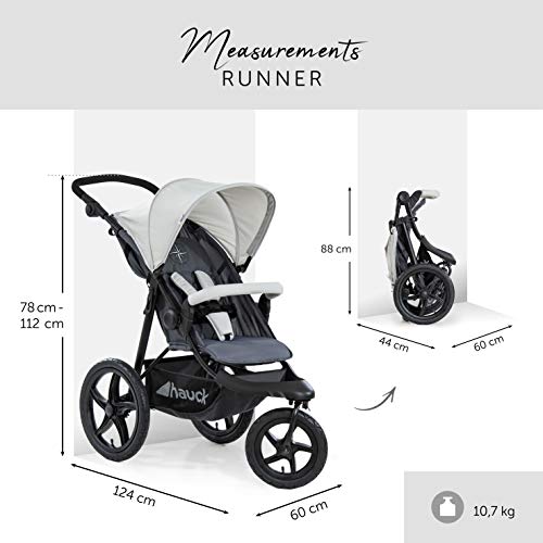 Hauck Runner - Silla de paseo con 3 ruedas neumaticas, plegado compacto, ruedas XL con camara de aire, para recien nacidos y, apto hasta 25kg, gris