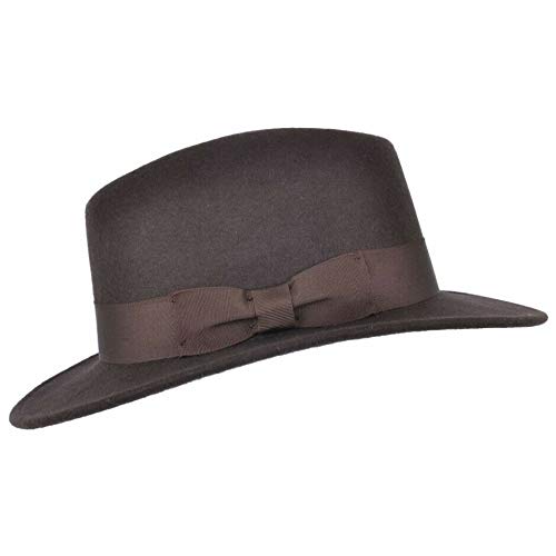 Hecho a mano de fieltro triturable Fedora HAT 100% lana elegante sombrero de caballero con banda ancha estilo Indiana, marrón, X-Large