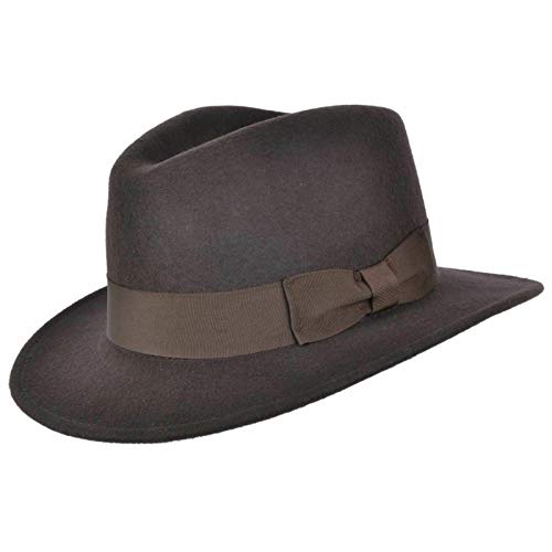 Hecho a mano de fieltro triturable Fedora HAT 100% lana elegante sombrero de caballero con banda ancha estilo Indiana, marrón, X-Large