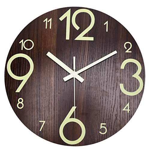 HERCHR Reloj de Pared Luminoso, Relojes de Madera silenciosos de 30 cm/11,81 Pulgadas con luz Nocturna, Reloj de Pared Decorativo Grande para Cocina, Oficina, Dormitorio