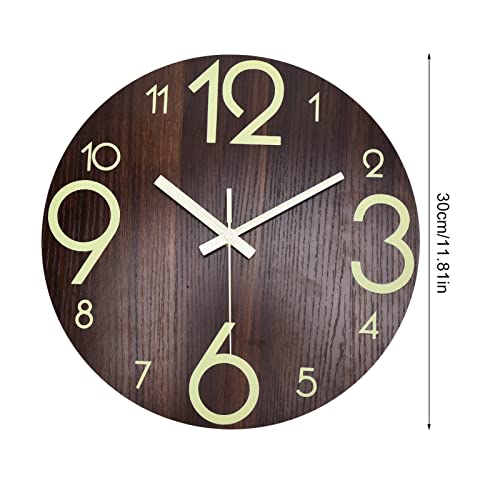 HERCHR Reloj de Pared Luminoso, Relojes de Madera silenciosos de 30 cm/11,81 Pulgadas con luz Nocturna, Reloj de Pared Decorativo Grande para Cocina, Oficina, Dormitorio