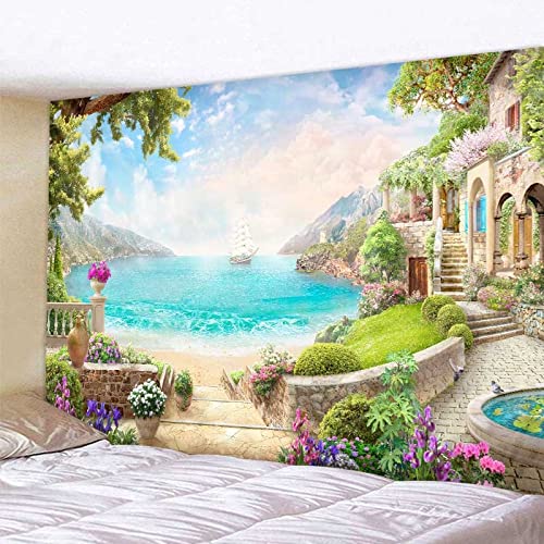 Hermoso paisaje tapiz jardín europeo vista al mar montaje en pared estética bohemia decoración del hogar manta A8 180x200cm
