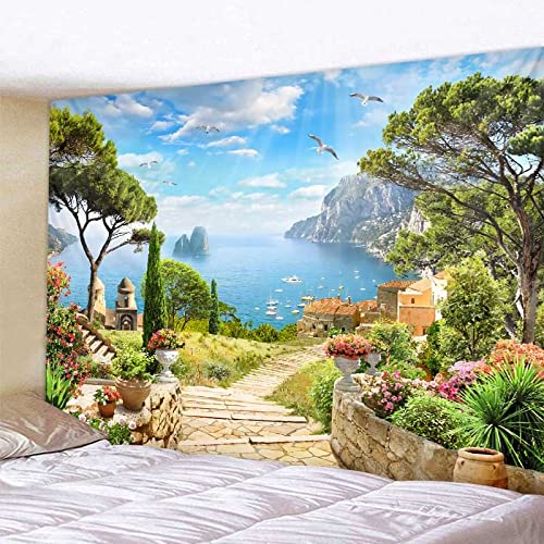 Hermoso paisaje tapiz jardín europeo vista al mar montaje en pared estética bohemia decoración del hogar manta A8 180x200cm