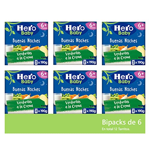 Hero Baby Buenas Noches Tarritos de Verduritas a la Crema - Para Bebés a Partir de los 6 Meses - 6 Packs de 2 x 190 gr