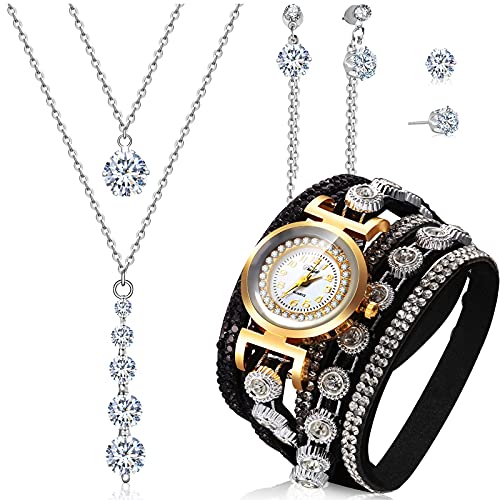 Hicarer 4 Piezas Pulseras de Envolver Retro Juego de Pendientes Collar de Diamante de Imitación de Reloj de Cuarzo Colgante Aretes de Mujeres