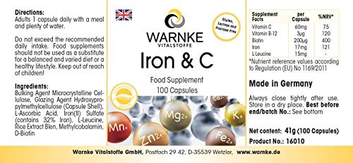 Hierro + Vitamina C, Con B12 y Biotina – 14mg de Hierro elemental – Con Vitamina C para una mejor absorción del hierro – 100 cápsulas