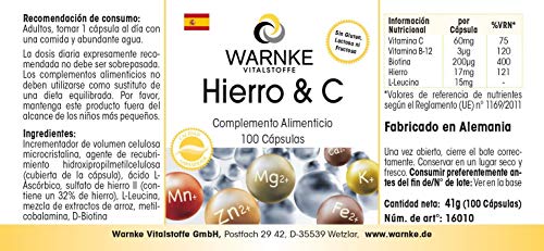 Hierro + Vitamina C, Con B12 y Biotina – 14mg de Hierro elemental – Con Vitamina C para una mejor absorción del hierro – 100 cápsulas