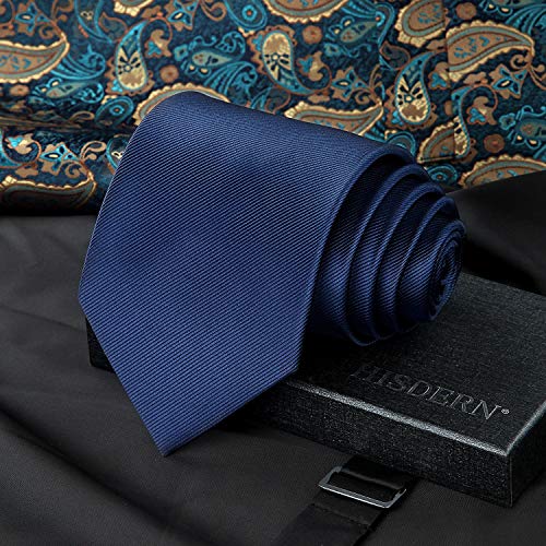 HISDERN Corbata de boda Azul marino asargada Hombres clasico Corbata & Plaza de bolsillo Conjunto de clip