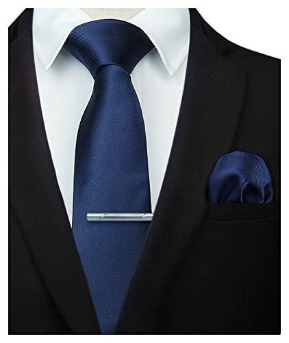 HISDERN Corbata de boda Azul marino asargada Hombres clasico Corbata & Plaza de bolsillo Conjunto de clip