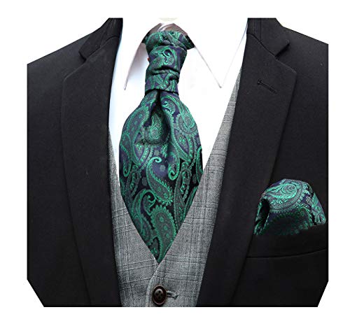 HISDERN Hombres Ascot Corbatas Floral de Paisley Jacquard Tejido Ascot & cuadrado de bolsillo Conjunto Pre-Atado Oro