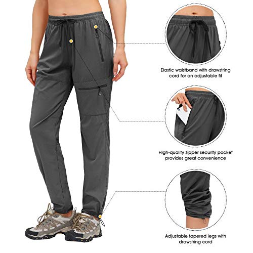 HMIYA Pantalones Trekking Mujer Pantalón de Senderismo Ligeros Secado Rápido Protección UV con Bolsillos Cremallera(Gris Oscuro，XL)