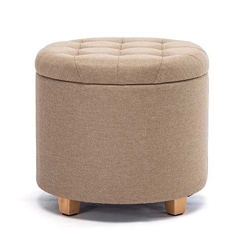 HNNHOME 45 cm redondo de lino acolchado asiento otomano taburete de almacenamiento, reposapiés puffes silla con tapas (beige)