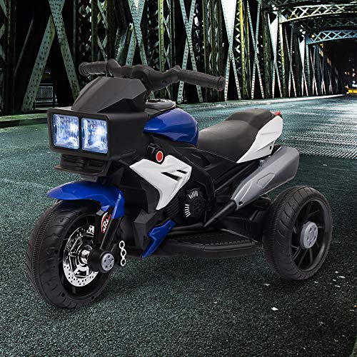 HOMCOM Moto Eléctrica Infantil con 3 Ruedas para +3 Años Triciclo con Pedal para Niños Batería 6V con Luces Música Neumáticos Anchos Velocidad 3 km/h 86x42x52 cm Azul y Negro