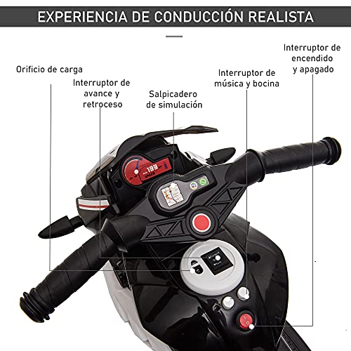 HOMCOM Moto Eléctrica Infantil con 3 Ruedas Trimoto para Niños de +3 Años con Batería 6V Recargable Funciones de Música Bocina Faros 86x42x52 cm Negro y Blanco