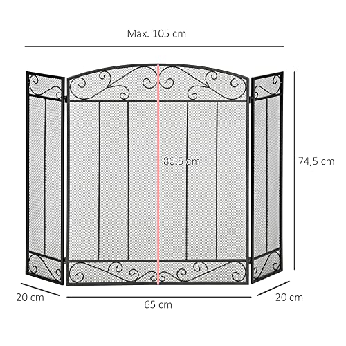 HOMCOM Salvachispas Plegable para Chimenea Pantalla Triple Protector para Estufas 3 Paneles con Bisagras Estructura de Metal y Alambre Decorativo 105x80,5 cm Negro