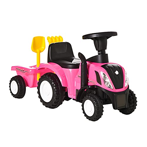 HOMCOM Tractor para Niños de 12-36 Meses con Remolque Extraíble Coche Correpasillos con Bocina Faros Pala y Rastrillo Carga 25 kg 91x29x44 cm Rosa