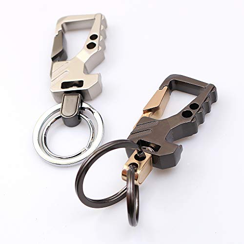homEdge - Juego de 2 resistentes llaveros metálicos para llaves de coche con mosquetón, 2 anillas y abridor de botellas, color gris/dorado y plateado/ gris