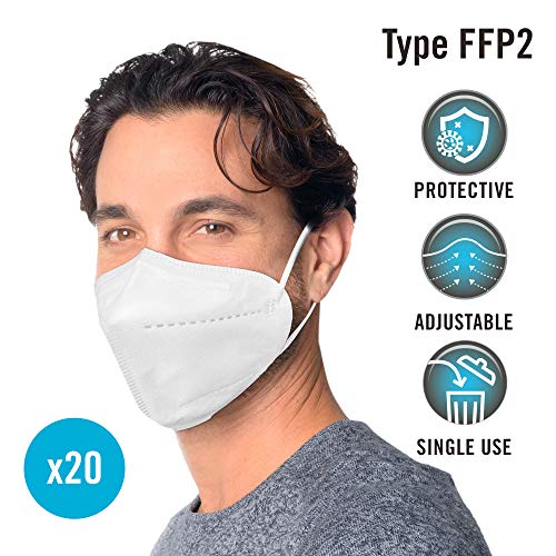 Homedics FFP2 Mascarillas con certificado CE, 20 unidades, 3 capas de protección, Capa exterior con filtración antibacteriana, KN95, Protege del polvo, Ajustable para comodidad personalizada