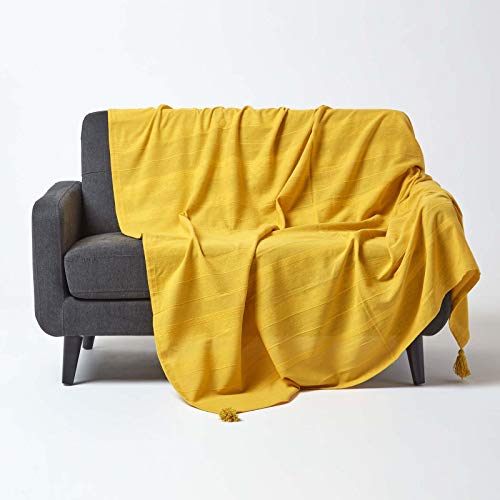 HOMESCAPES Funda de sofá/Manta, Hecho a Mano 100% de algodón Estilo de cordoncillo Color Amarillo 177 x 254 cm
