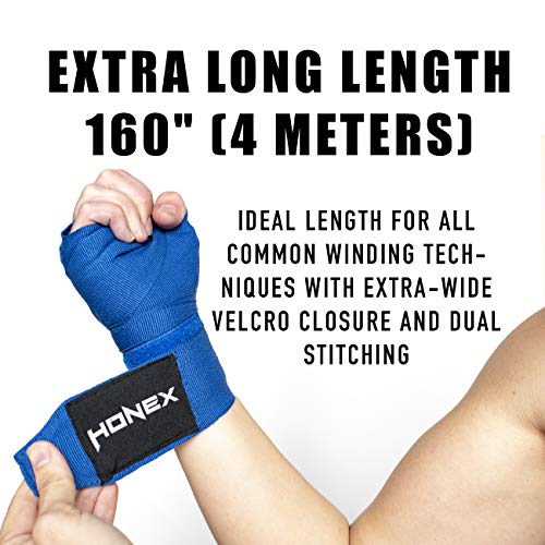HONEX Vendas de boxeo de lucha de 4 metros, semielásticas de calidad profesional para boxeo, 40 cm, con cierre de velcro extra ancho (azul)