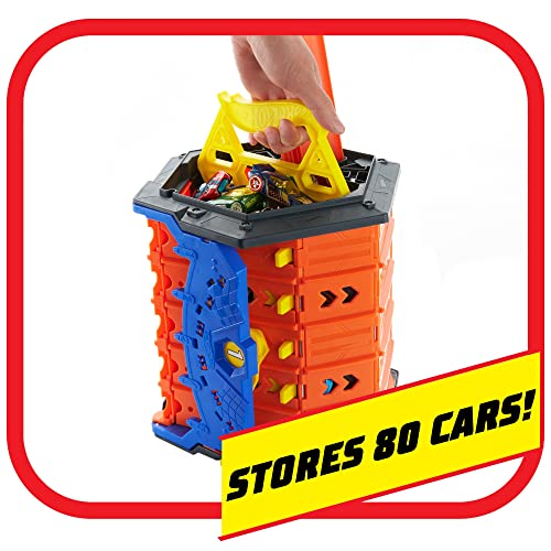 Hot Wheels Pista enrrollable para 5 coches de juguete, incluye 1 vehículo die-cast, regalo para niños mayores de 4 años (Mattel GYX11)