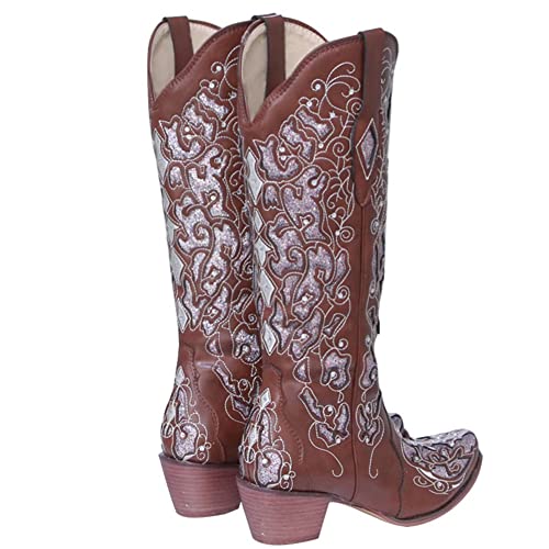 HOTRA Zapatos de Mujer Cowboy Western Botines Moda Joven Cuero 2021botas de Rodilla Bordadas con Cristal Botas de Montar Casuales (Color : Brown, Size : 41 EU)