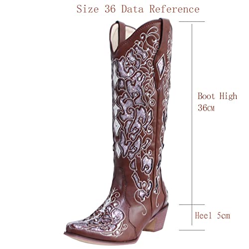 HOTRA Zapatos de Mujer Cowboy Western Botines Moda Joven Cuero 2021botas de Rodilla Bordadas con Cristal Botas de Montar Casuales (Color : Brown, Size : 41 EU)