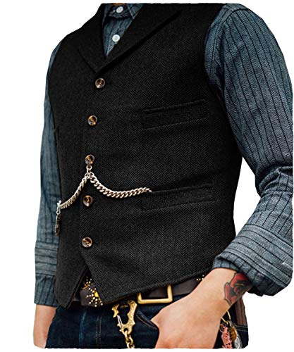 HSLS Chaleco de traje de negocios para hombre Chaleco de tweed de lana de solapa con muesca de ajuste regular para boda(L, Negro)