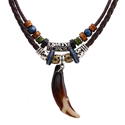 Htulip Collar de Piel con Colgante de Diente de Lobo, Cuentas de Madera, Estilo Tribal - Collares de Joyería para Hombre y Mujer