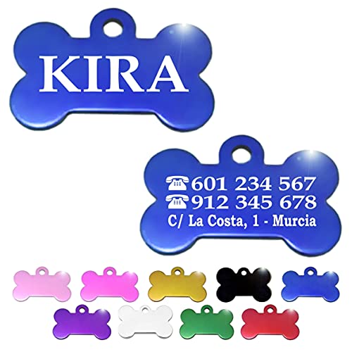 Hueso para Mascotas pequeñas-Medianas Placa Chapa Medalla de identificación Personalizada para Collar Perro Gato Mascota grabada (Azul)