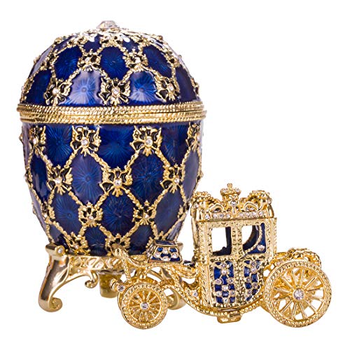 huevo ruso de Estilo Faberge / caja de joya con carruaje y el Águila imperial 9,5 cm azul