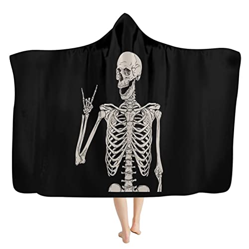HUGS IDEA Manta de calavera de roca con capucha para el hogar, oficina, mantón de siesta, para Halloween, Rock n Roll Esqueleto para dormir, manta para ayudar a dormir, M