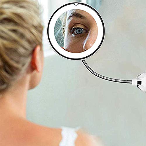 HUIHUAN Espejo de baño para maquillaje Espejo de vanidad con ventosa fuerte Giratorio de 360 ​​grados/Funcionamiento con batería Cuello de ganso flexible 8"10X Lupa LED Encendido