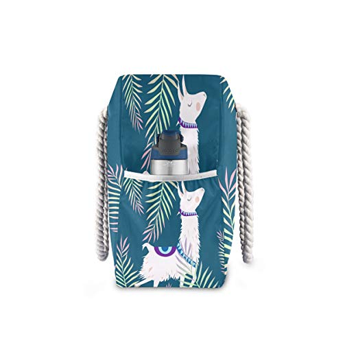 Hunihuni Bolsa de playa con diseño de animales tropicales de alpaca, bolsa de viaje con asas de cuerda de algodón, cremallera superior, dos bolsillos exteriores