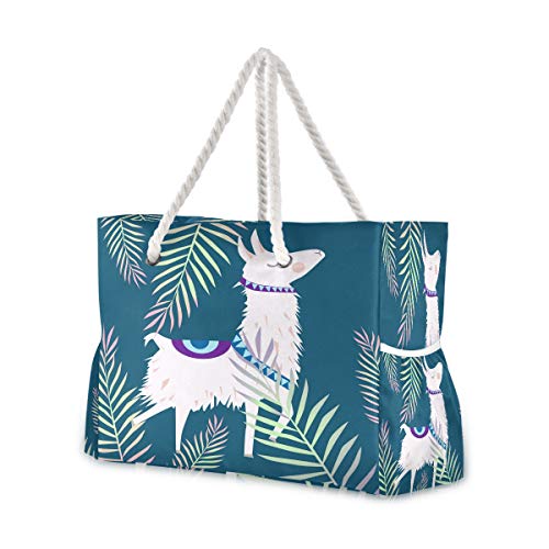 Hunihuni Bolsa de playa con diseño de animales tropicales de alpaca, bolsa de viaje con asas de cuerda de algodón, cremallera superior, dos bolsillos exteriores