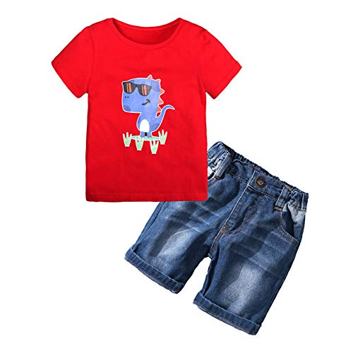 I3CKIZCE Conjunto de ropa de verano para bebé, 2 piezas, manga corta, diseño de rayas, camiseta y vaqueros, pantalones cortos, traje de verano pequeño, traje de bautizo de 0 a 7 años rojo 6-7 años