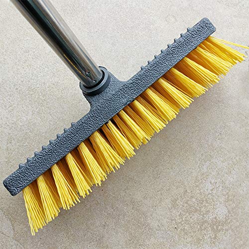 Iamagie Cepillo de limpieza de suelo con mango largo de acero inoxidable, cerdas amarillas rígidas para interiores y exteriores, para limpieza de baño, cocina, patio, azulejos, pared