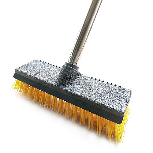 Iamagie Cepillo de limpieza de suelo con mango largo de acero inoxidable, cerdas amarillas rígidas para interiores y exteriores, para limpieza de baño, cocina, patio, azulejos, pared