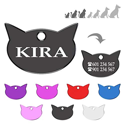 Iberiagifts - Placa en Forma de Cara de Gato para Gatos de Todas Las Edades Chapa Medalla de identificación Personalizada para Collar Perro Mascota grabada (Negro)