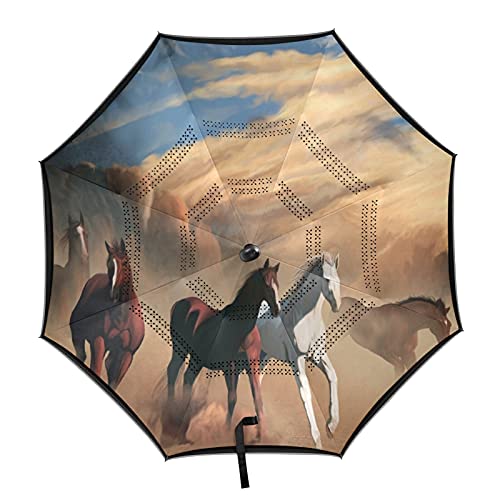 ISAOA - Paraguas de golf con diseño de caballo en el desierto, abierto, a prueba de viento, impermeable, gran paraguas plegable con funda de transporte