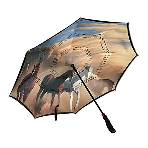 ISAOA - Paraguas de golf con diseño de caballo en el desierto, abierto, a prueba de viento, impermeable, gran paraguas plegable con funda de transporte