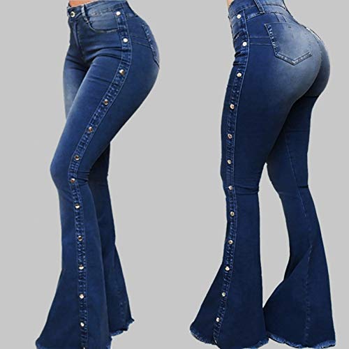 Jeans De Mujer Jeans con Botones De Metal De Color SóLido Pantalones Acampanados con Lavado Degradado Elegantes Y De Moda Adecuados para Una Fiesta por La Boca (01#Azul, XXL)
