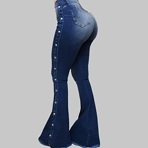 Jeans De Mujer Jeans con Botones De Metal De Color SóLido Pantalones Acampanados con Lavado Degradado Elegantes Y De Moda Adecuados para Una Fiesta por La Boca (01#Azul, XXL)