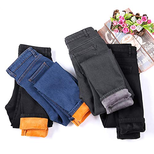 Jeggings de Mezclilla de vellón térmico, Jeans elásticos Ajustados con Forro Polar Grueso y cálido de Invierno para Mujer (Gris, 30)