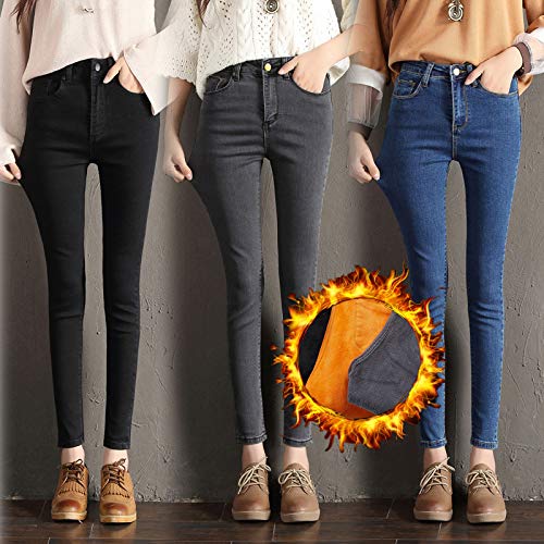 Jeggings de Mezclilla de vellón térmico, Jeans elásticos Ajustados con Forro Polar Grueso y cálido de Invierno para Mujer (Gris, 30)