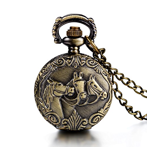 JewelryWe estilo antiguo Caballos camafeo Reloj de bolsillo Cuarzo Esfera Blanca Números Arábigos con cadena completa Hunter Diseño Vintage