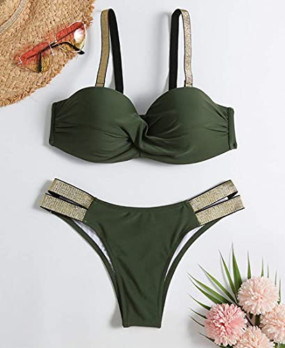 JFAN Traje de Baño de Mujer Cinturón Dorado Acolchado Bra Tops de Bikini Conjunto de Bikini de Color Liso Push Up Swimwear Dos Piezas Trajes de Baño Divididos(Verde,M)