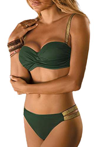JFAN Traje de Baño de Mujer Cinturón Dorado Acolchado Bra Tops de Bikini Conjunto de Bikini de Color Liso Push Up Swimwear Dos Piezas Trajes de Baño Divididos(Verde,M)