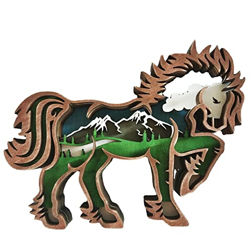 JHYFT Adorno de Caballo de Madera, decoración de Silueta de Caballo Retro 3D, chucherías de Madera con montaña de Varias Capas, Elegante Escultura Tallada de Caballo, Dormitorio, Sala (Color : 1)