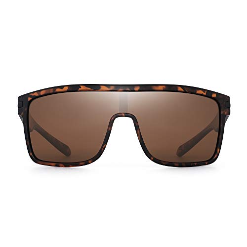 JIM HALO Gafas de sol con escudo polarizado, gafas cuadradas de gran tamaño con parte superior plana para hombres (montura de tortuga / lente marrón polarizada)